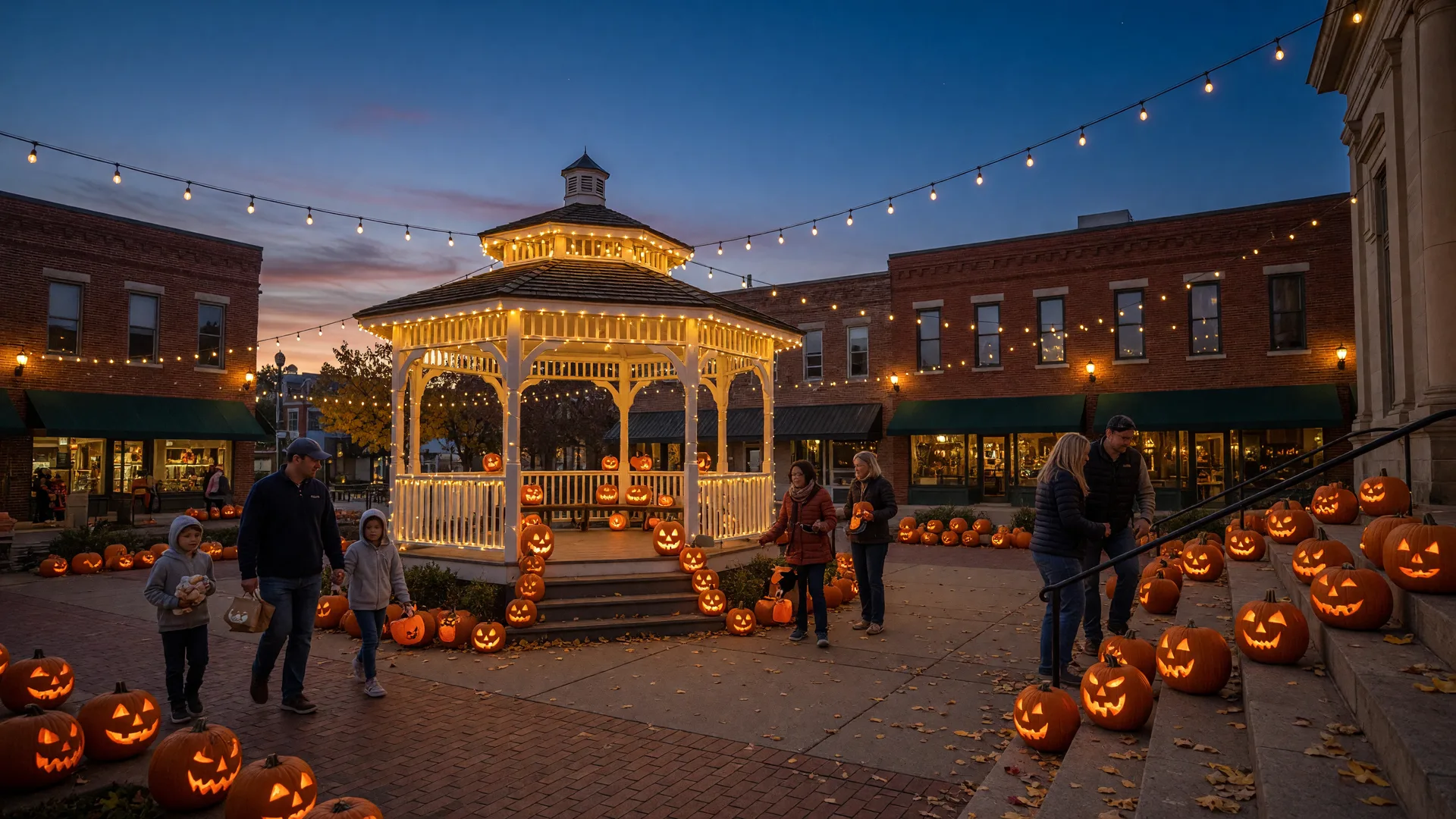 Medina's Historic Public Square at dusk in late October with glowing carved jack-o'-lanterns lining the sidewalks and courthouse steps, string lights between storefronts, and the white gazebo lit warmly