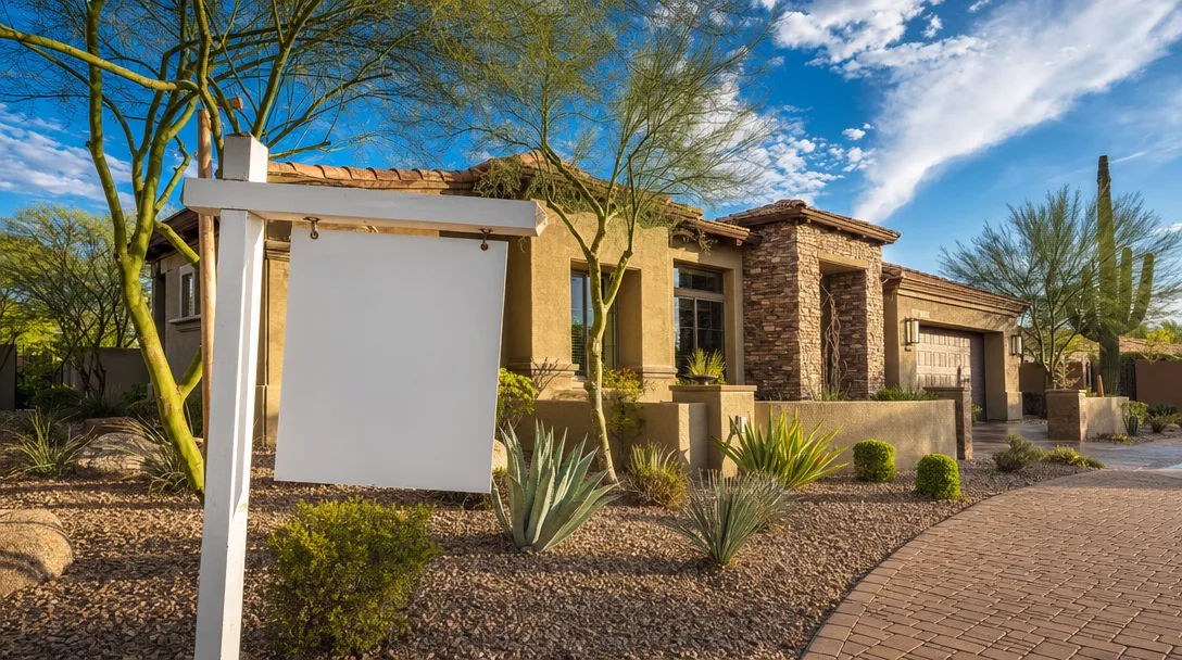 Modern Gilbert Arizona home with desert landscaping, warm stucco and a tile roof on a sunny August morning