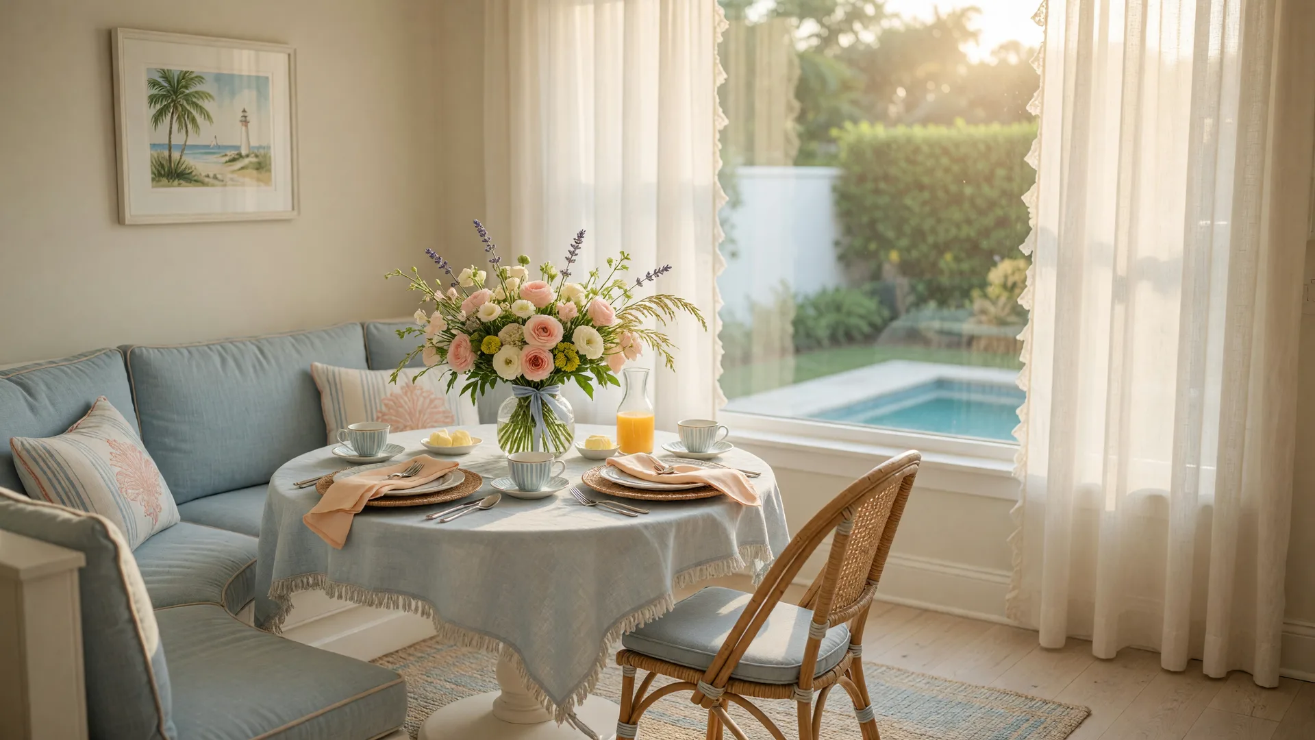 Sunlit breakfast nook in a downsized Florida home, a small table set for two beside a window with sheer curtains