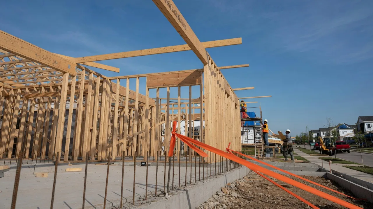 Framing stage of a new construction home in suburban Kansas City