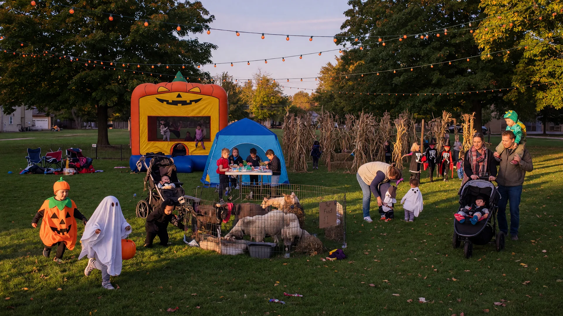 Halloween family festival on a city green with bounce houses, activity tents, costumed children, a petting zoo, and a cornstalk maze in warm autumn light
