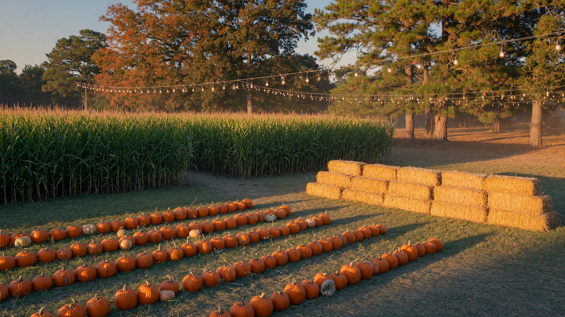 Rows of pumpkins, hay bales, and warm string lights at an early-autumn festival field near Conroe, Texas