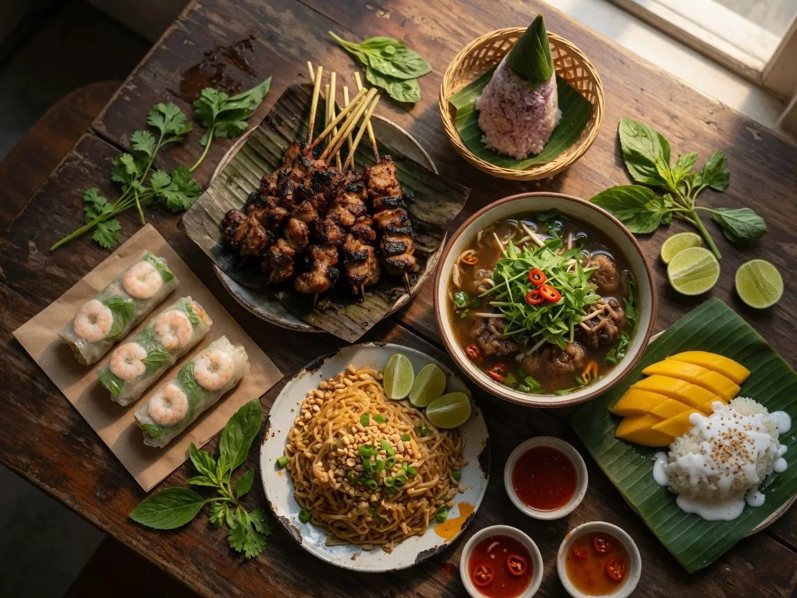 Authentic Lao street food spread at 4 Elephants in Flowery Branch Georgia with egg rolls, laab, pad thai, sticky rice, and mango sticky rice
