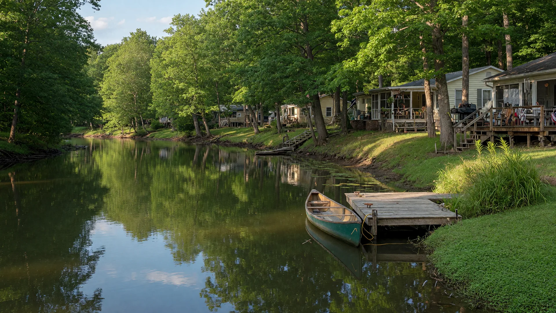 Peaceful creek in South Jersey with a wooden canoe tied to a dock and homes nestled among trees along the shoreline in dappled sunlight