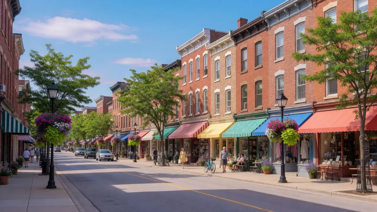 Historic downtown Whitby with heritage storefronts and tree-lined main street