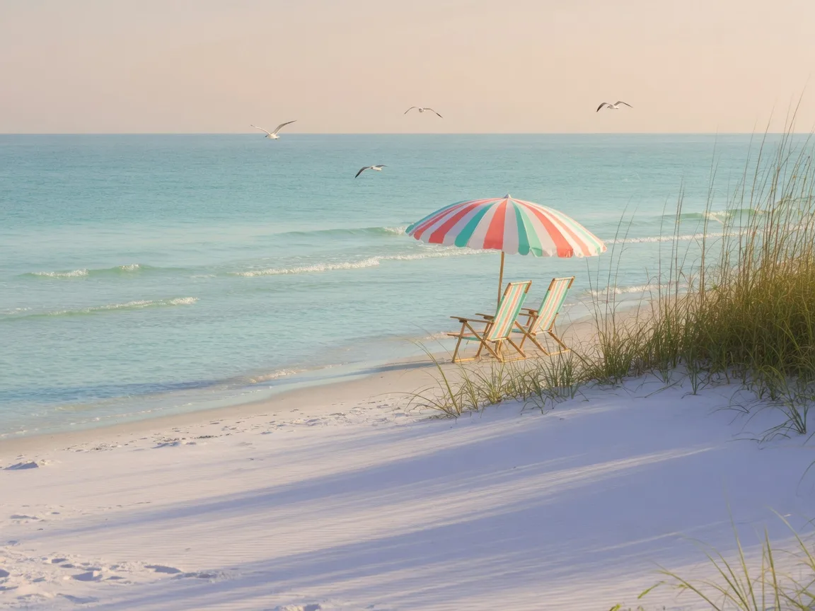 A pristine white-sand Gulf of Mexico beach in Naples, Florida with a striped umbrella and empty chairs on a calm morning