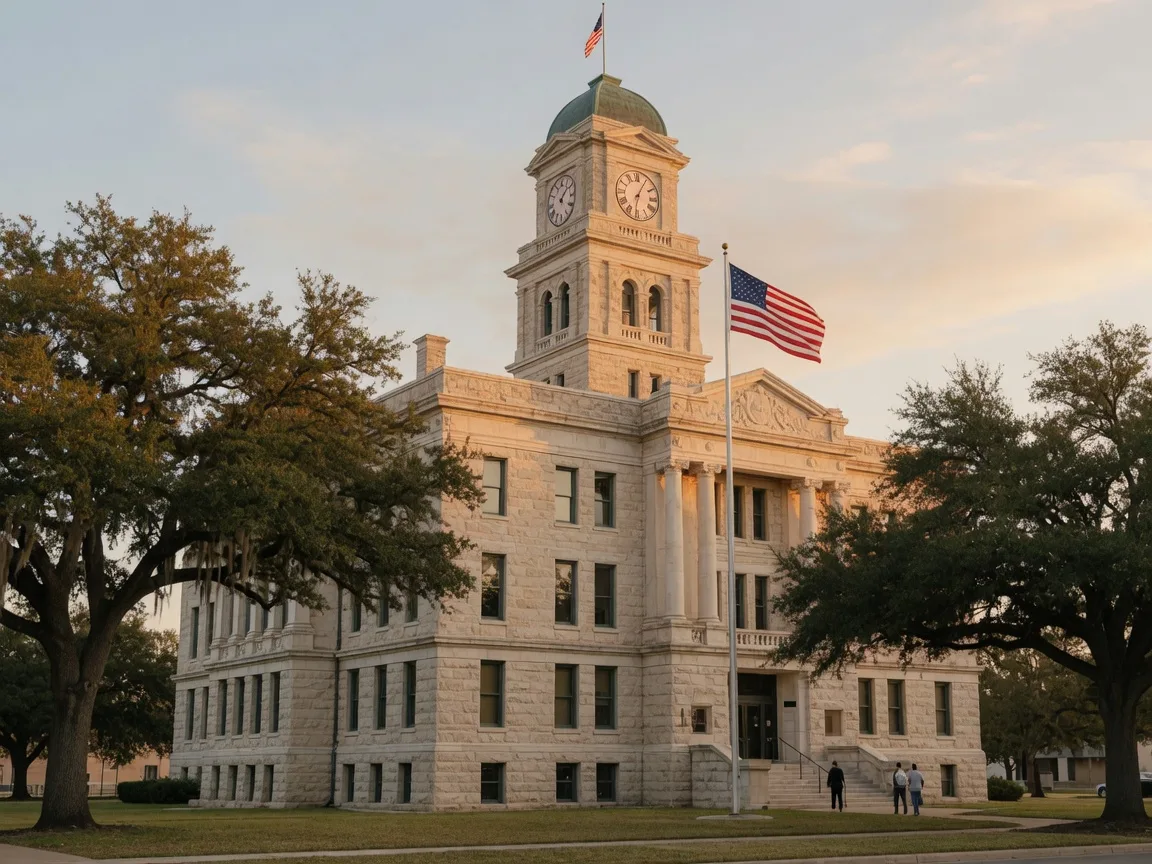A stately Texas county government building with a limestone facade and clock tower, where appraisal district offices and Appraisal Review Board hearings are held