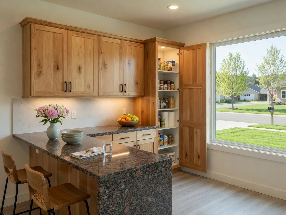 A new kitchen with custom hickory cabinets and a granite breakfast bar in a Blackberry Lane single-story home near Grants Pass, Oregon