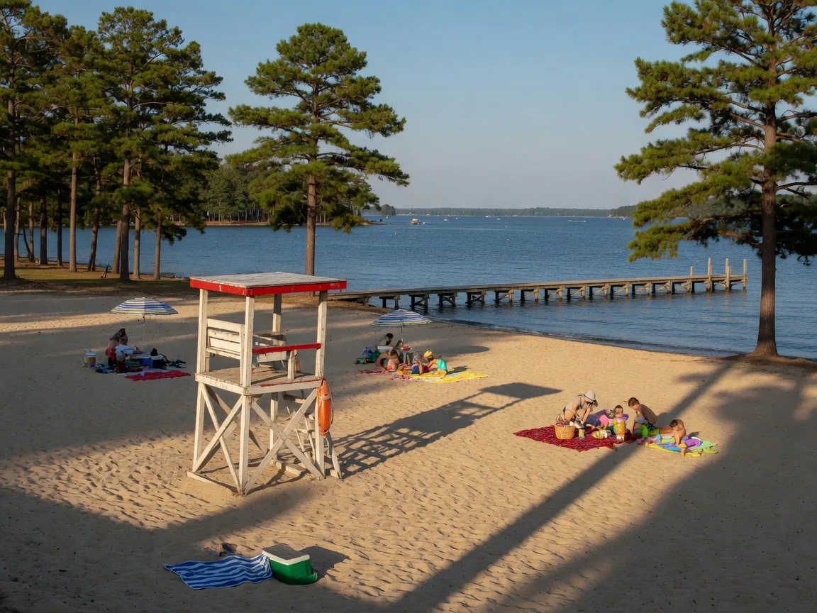 A sandy lakeside beach at Ramsey Creek Park on Lake Norman with a lifeguard stand, a pier over calm water, and tall pines framing the shoreline