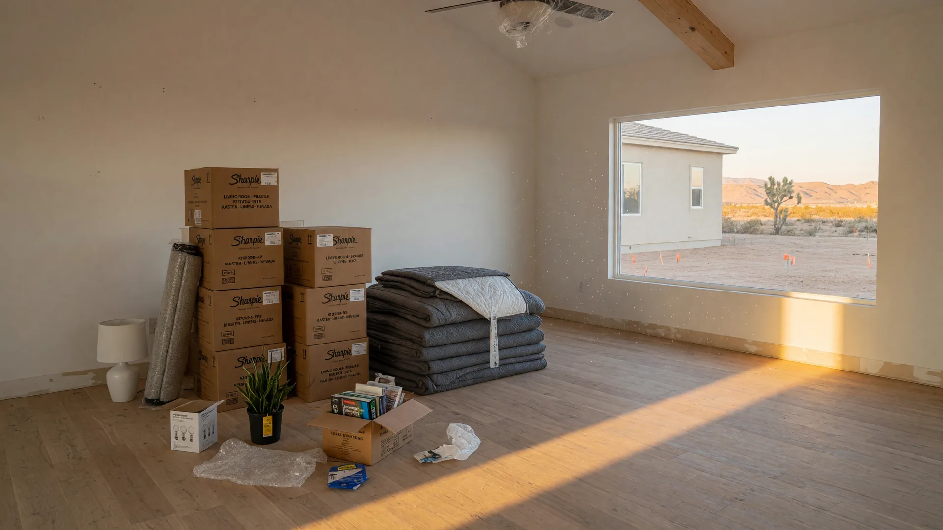 A bright, freshly built Nevada living room on moving day with stacked cardboard boxes near a large window and golden light across the wood floor.