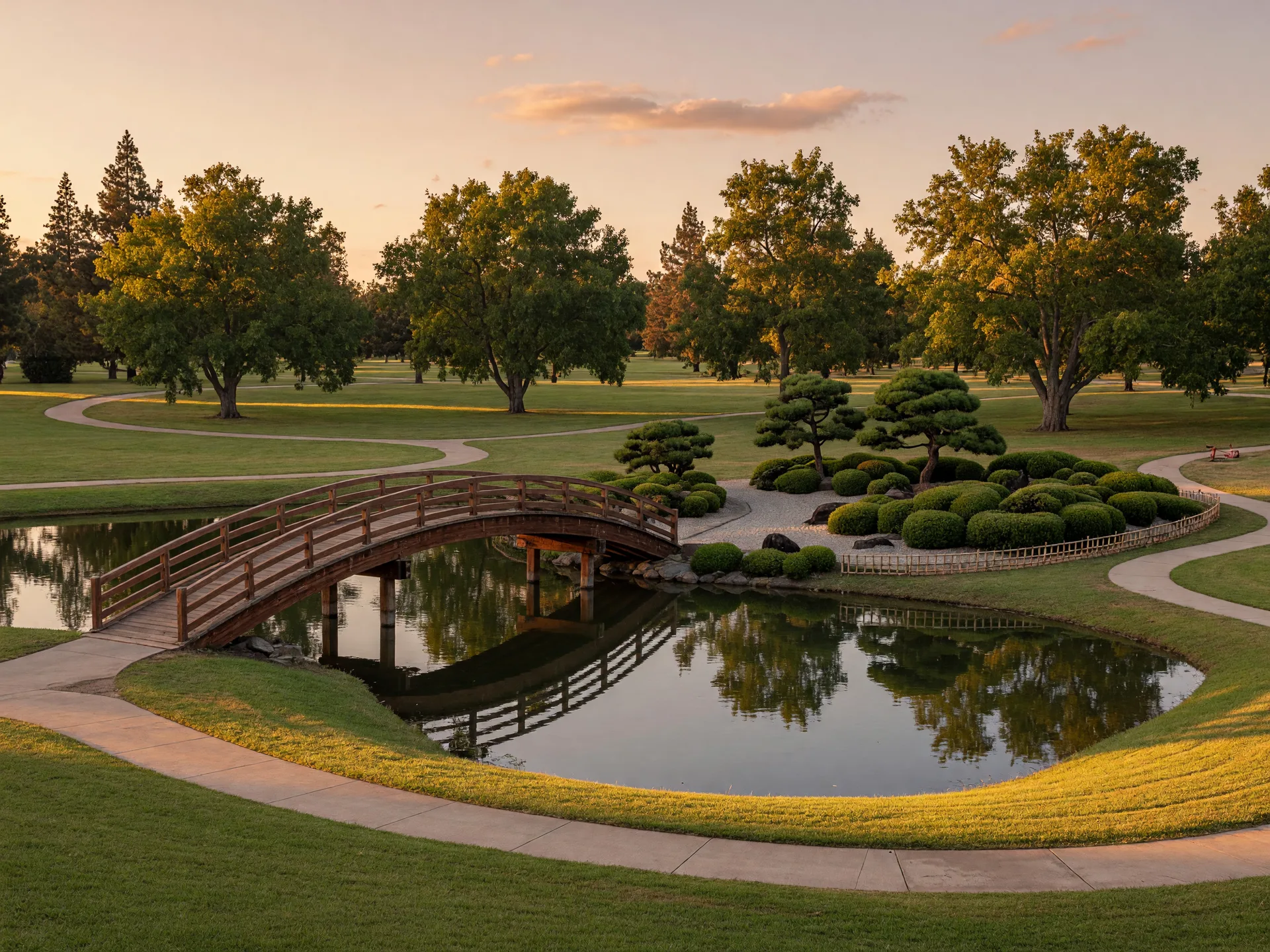 An arched footbridge over a calm pond in a North Fresno regional park