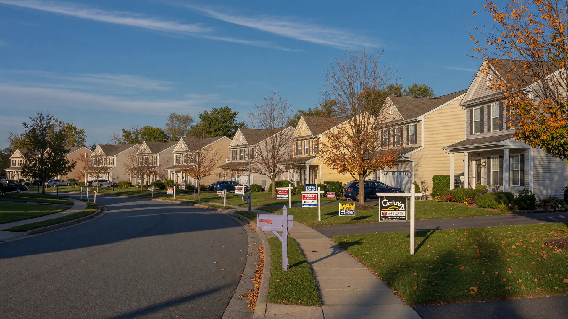Suburban homes with for-sale signs in a quiet early autumn neighborhood, representing the current housing market