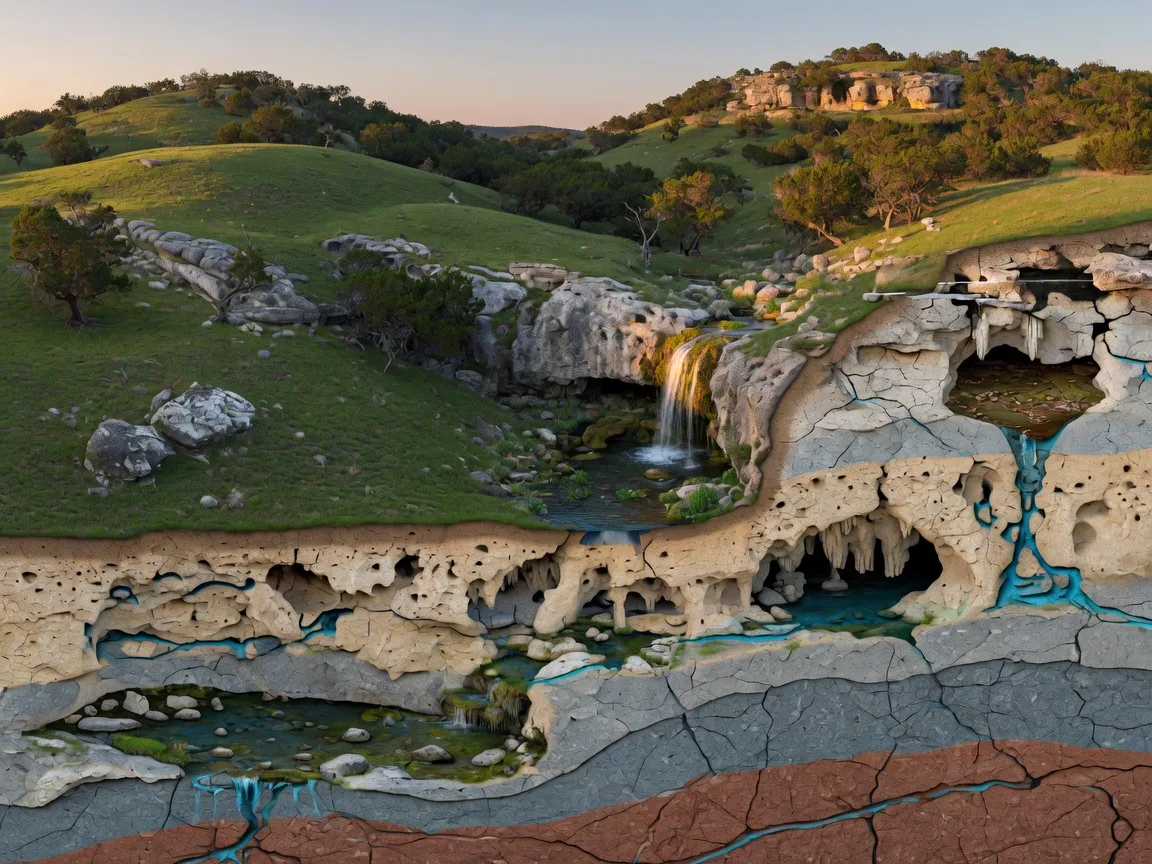 A cross-section diagram of the Edwards Aquifer system showing limestone karst terrain, recharge features, underground water-bearing rock layers, and natural springs emerging from the limestone in the Texas Hill Country