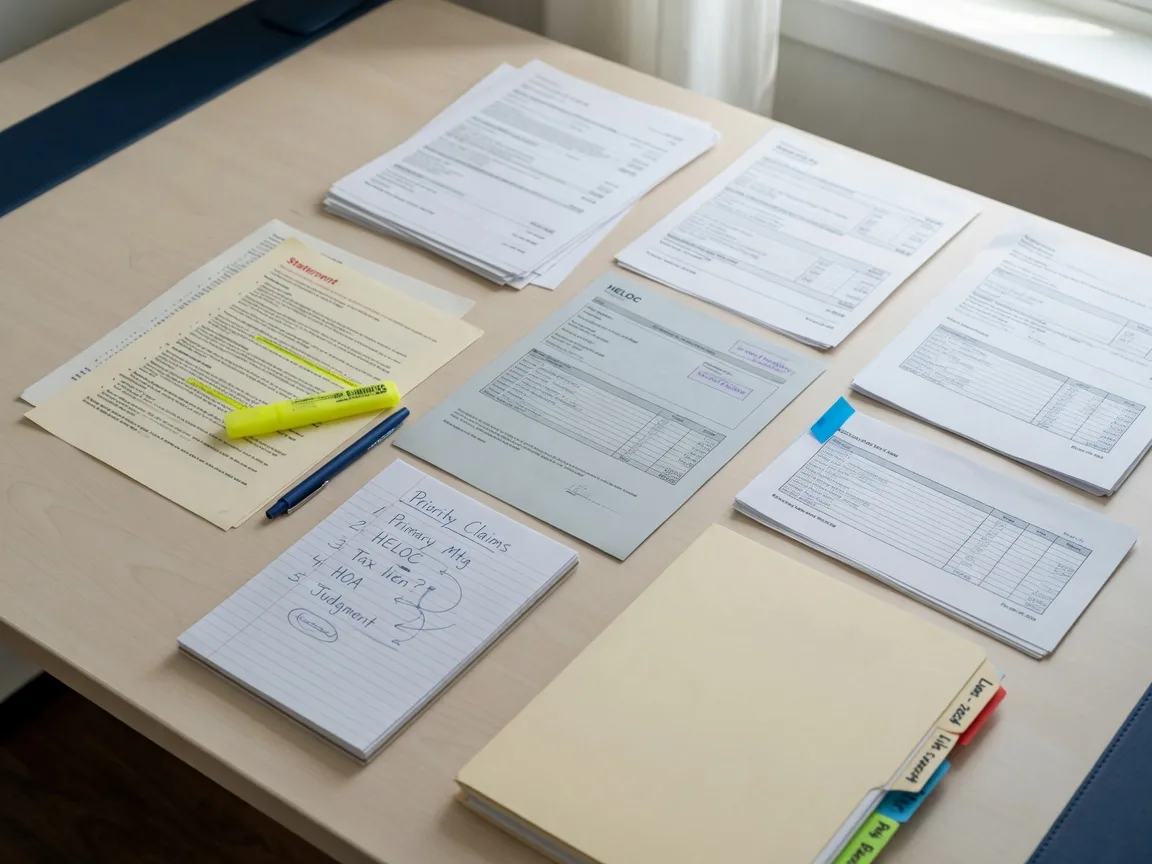 Layered mortgage and HELOC statements being reviewed to map every lien on a property.
