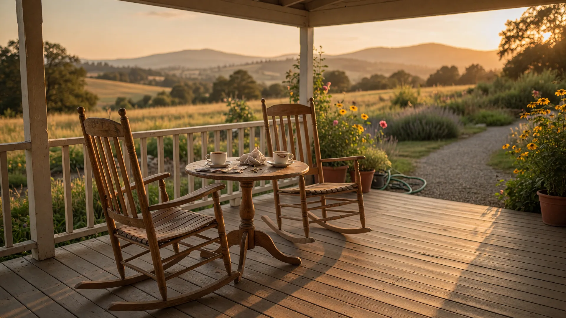 Two empty rocking chairs side by side on a golden-hour porch with two cups of coffee between them, an invitation to sit and talk