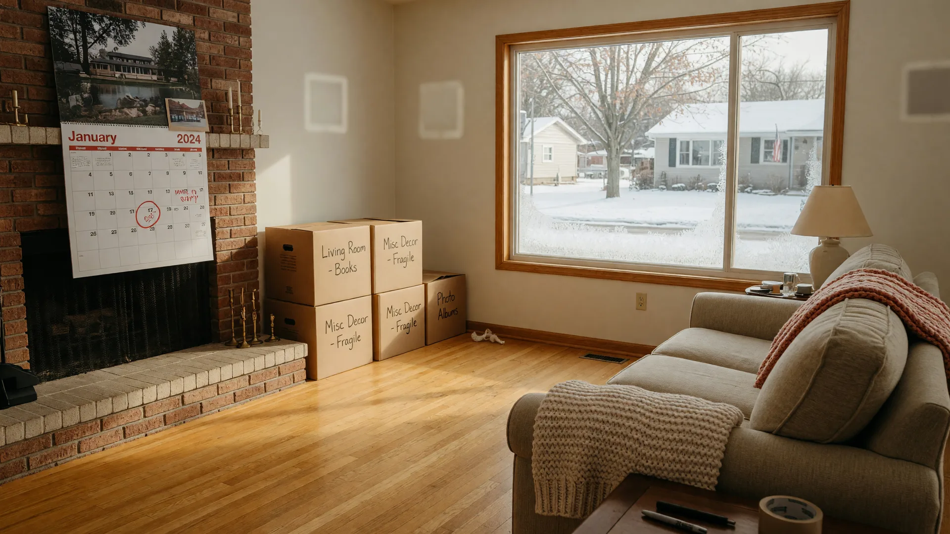 A warm photograph of a freshly decluttered living room in a Northwest Indiana ranch home at the start of the new year, with tidy cardboard moving boxes by the brick fireplace, a printed January wall calendar with a circled move date, a folded knit throw on a comfortable sofa, and soft winter light on a light dusting of snow outside