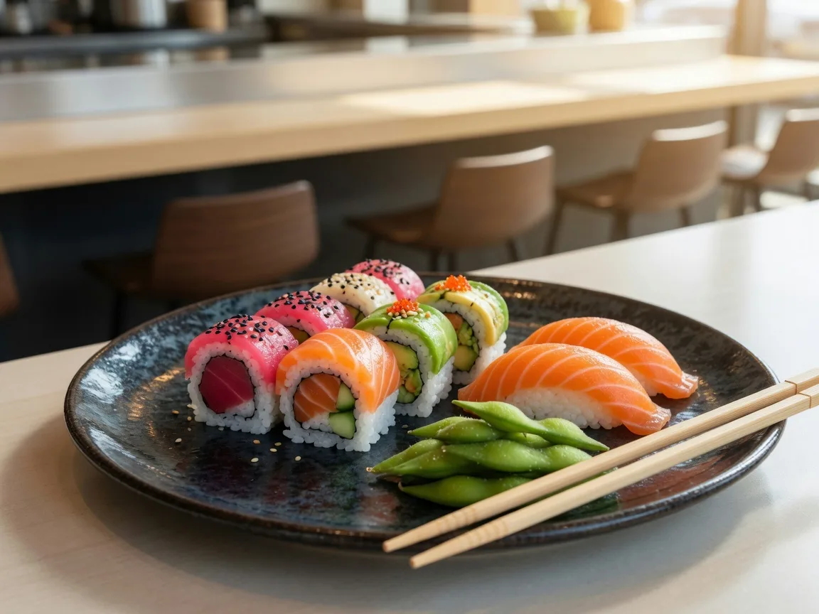A sushi platter with maki rolls and salmon nigiri at a neighborhood sushi counter