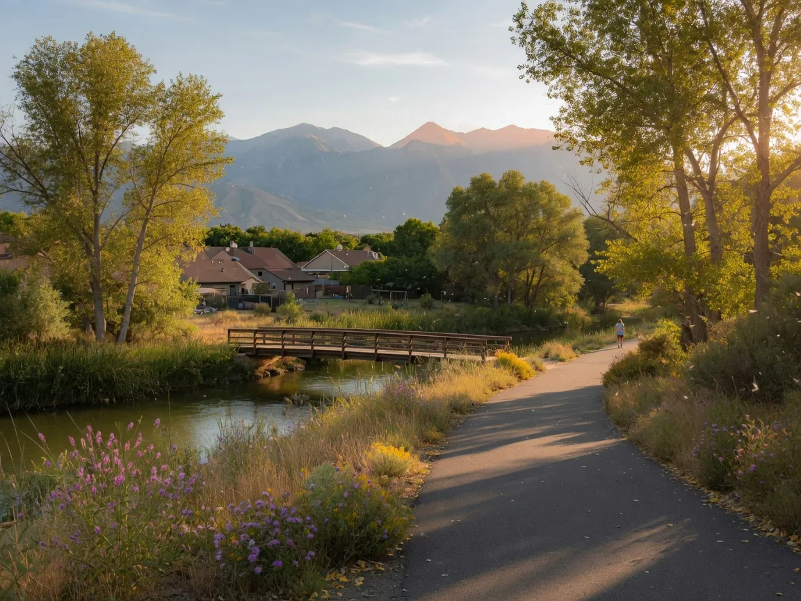 The Jordan River Parkway Trail in South Jordan Utah with cottonwood trees, a wooden pedestrian bridge, and the Wasatch Mountains in the distance