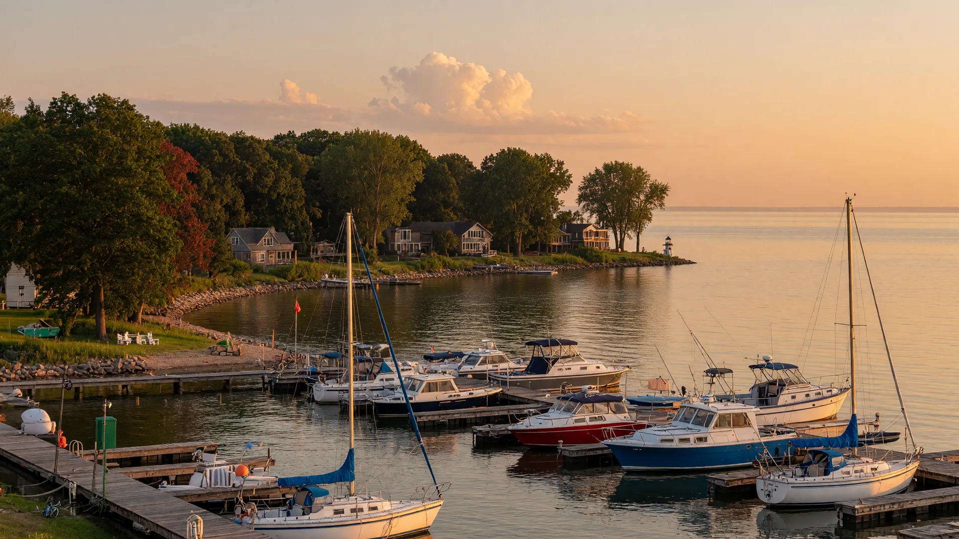 Marina and shoreline on Catawba Island, Ohio at golden hour