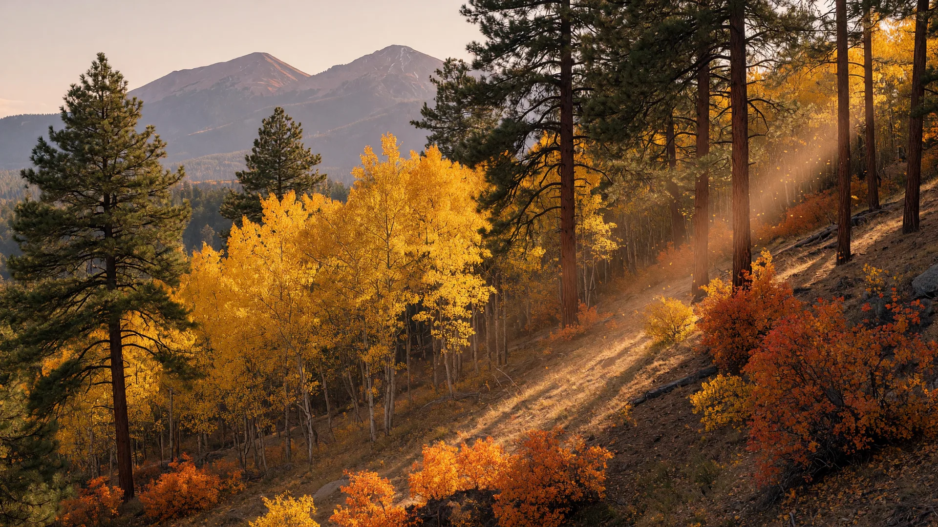 Gold and amber aspen among dark ponderosa with the Peaks visible