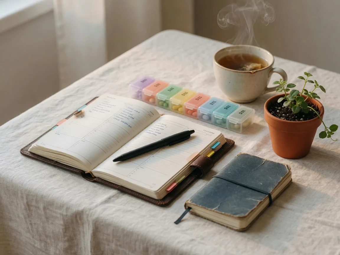 A planner, pen, notebook, pill organizer, and cup of tea arranged on a linen table, the tools of a coordinated care team.