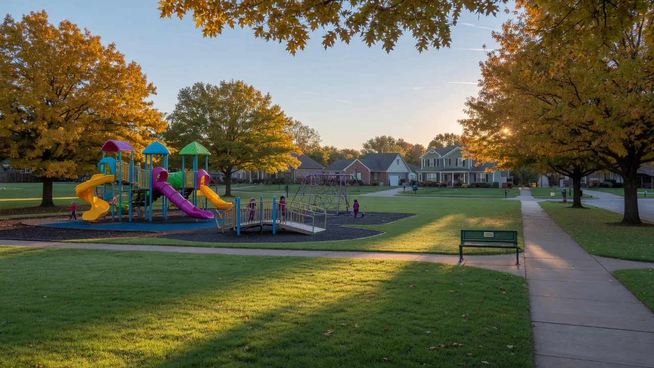 A neighborhood park in Bixby Oklahoma on a crisp fall morning with a playground, golden autumn trees, and sidewalks leading to family homes