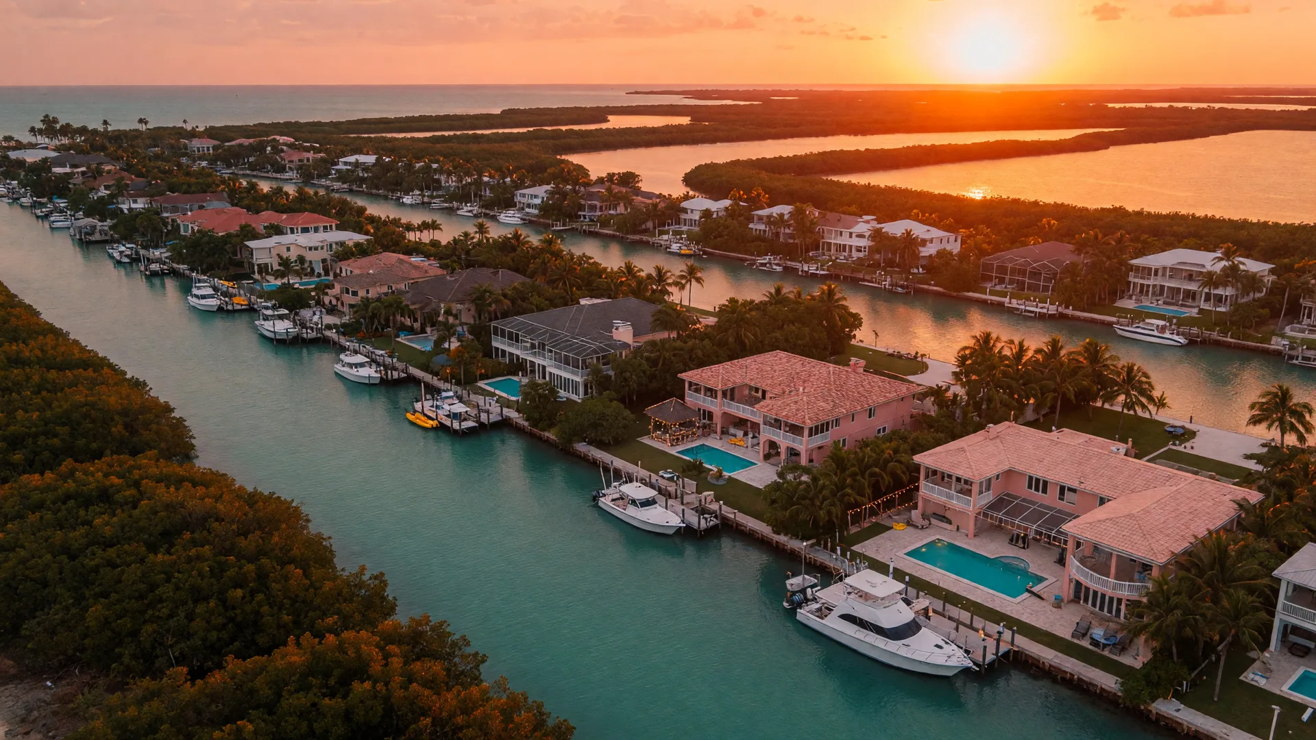 Aerial drone view over mangrove-lined canals in Islamorada at golden hour with luxury waterfront homes, private docks, and boats moored in turquoise water