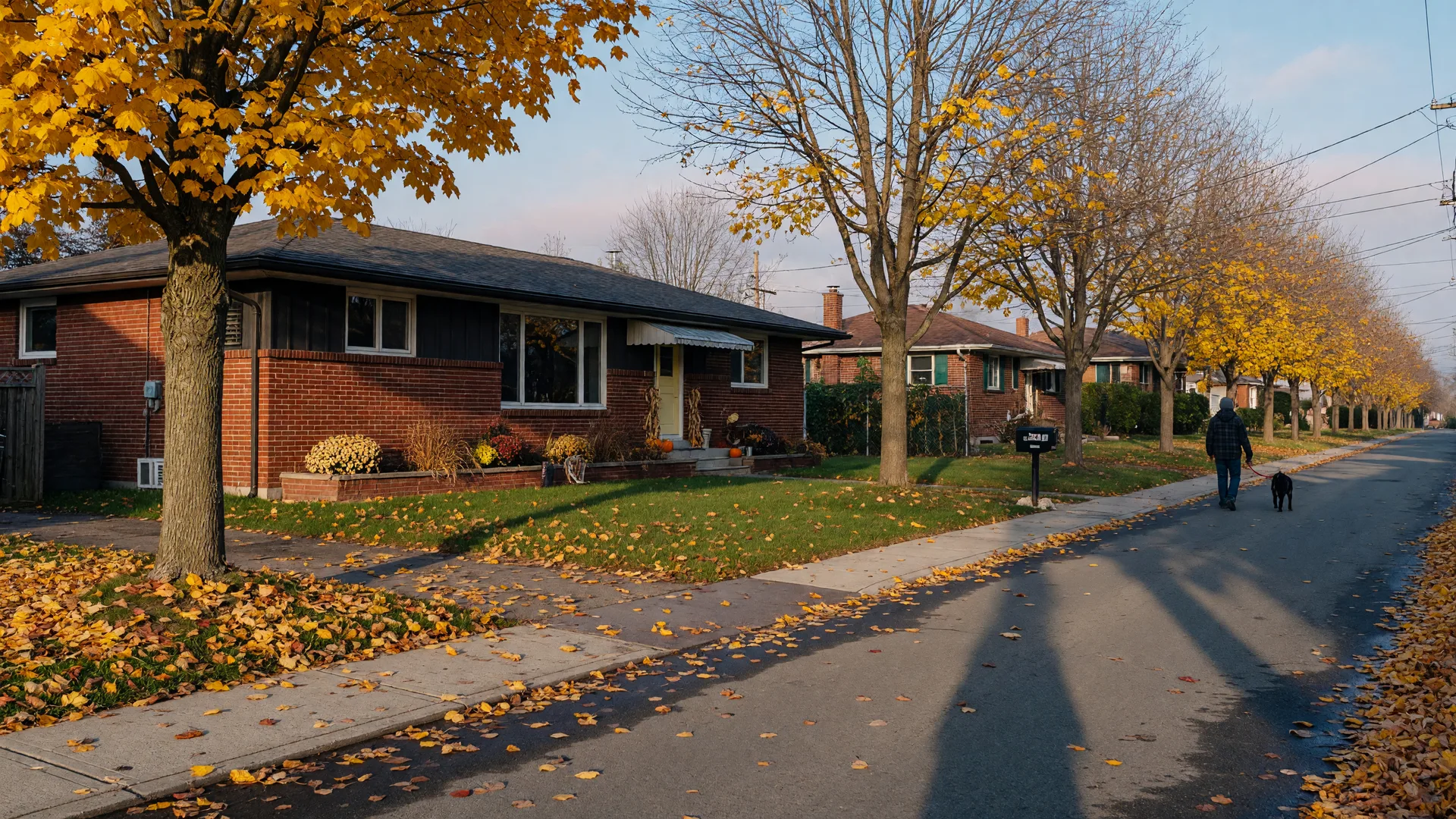 A quiet tree-lined residential street in Campbellford on a crisp October morning with a brick ranch home and golden maples dropping leaves