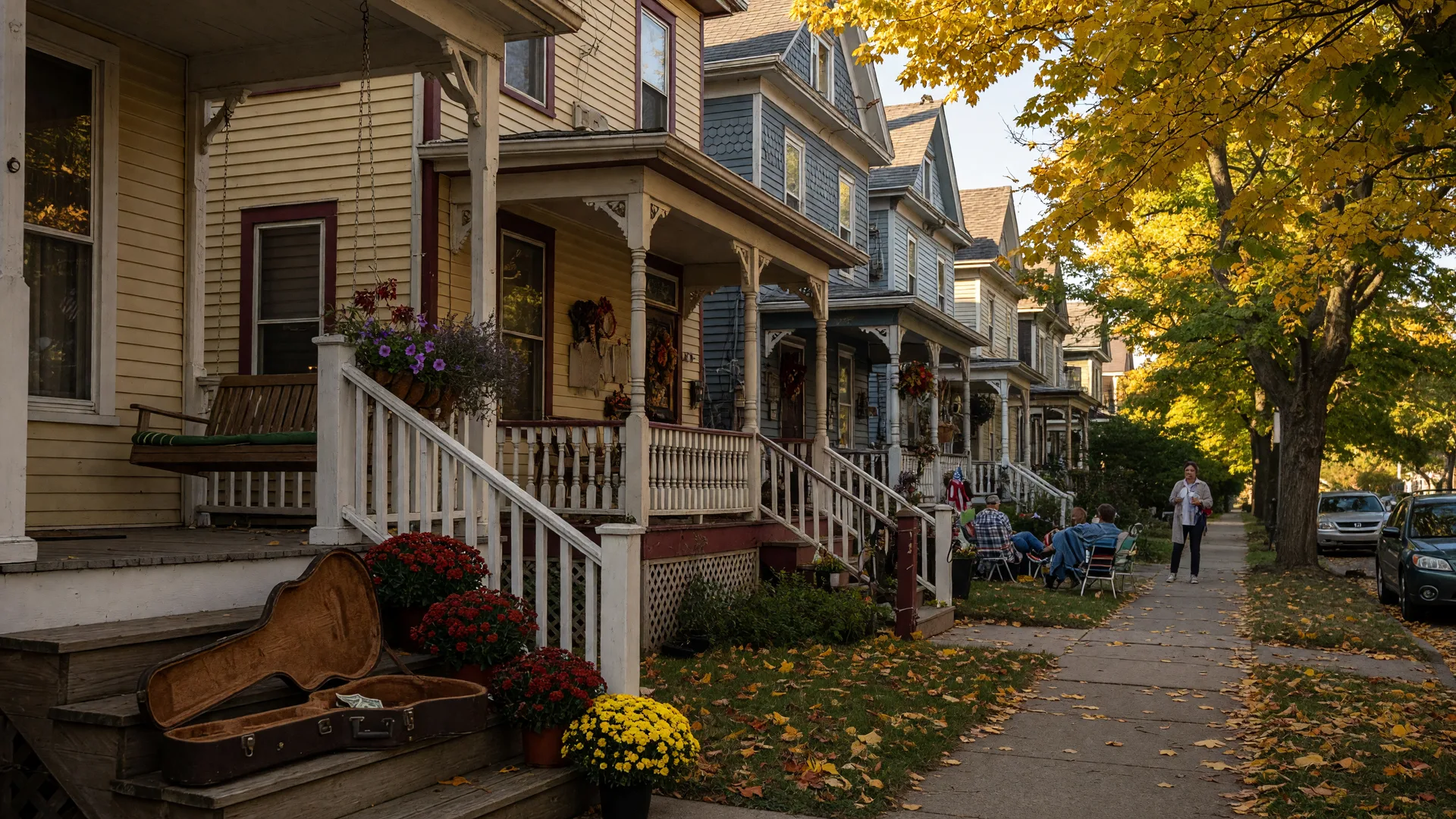 Victorian and Queen Anne houses on College Hill in Easton with broad front porches in late September light, an open guitar case on a porch step ahead of the neighborhood PorchFest
