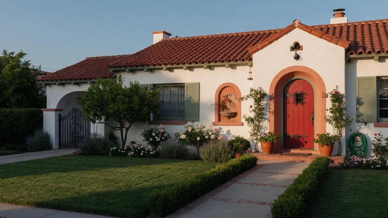 A classic Pasadena Spanish Colonial Revival home with white stucco and a red tile roof