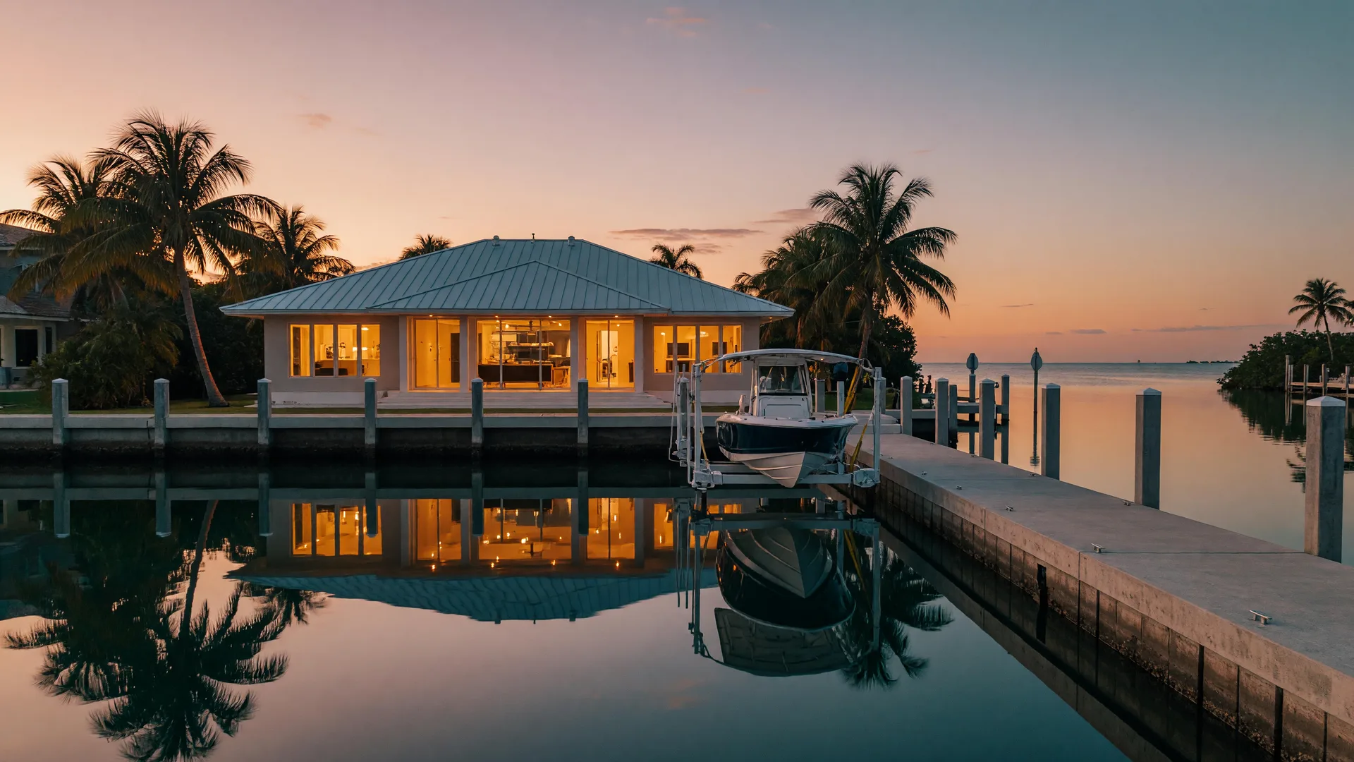 A luxury Florida Keys waterfront estate at dusk seen across a calm deep-water canal, the elevated home glowing warmly behind impact glass, a long private concrete dock and boat lift reflecting in the glassy water