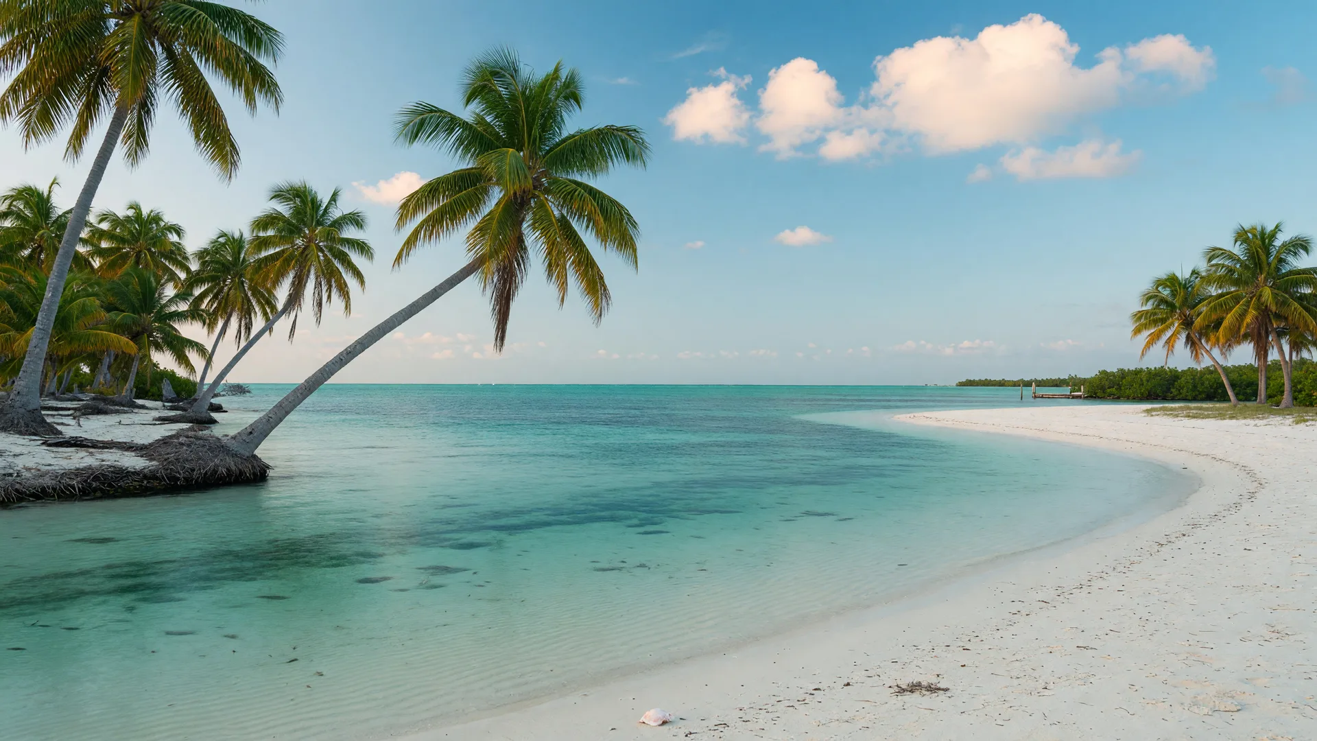 Calm turquoise Florida Keys shoreline in September with leaning coconut palms and a quiet white-sand beach