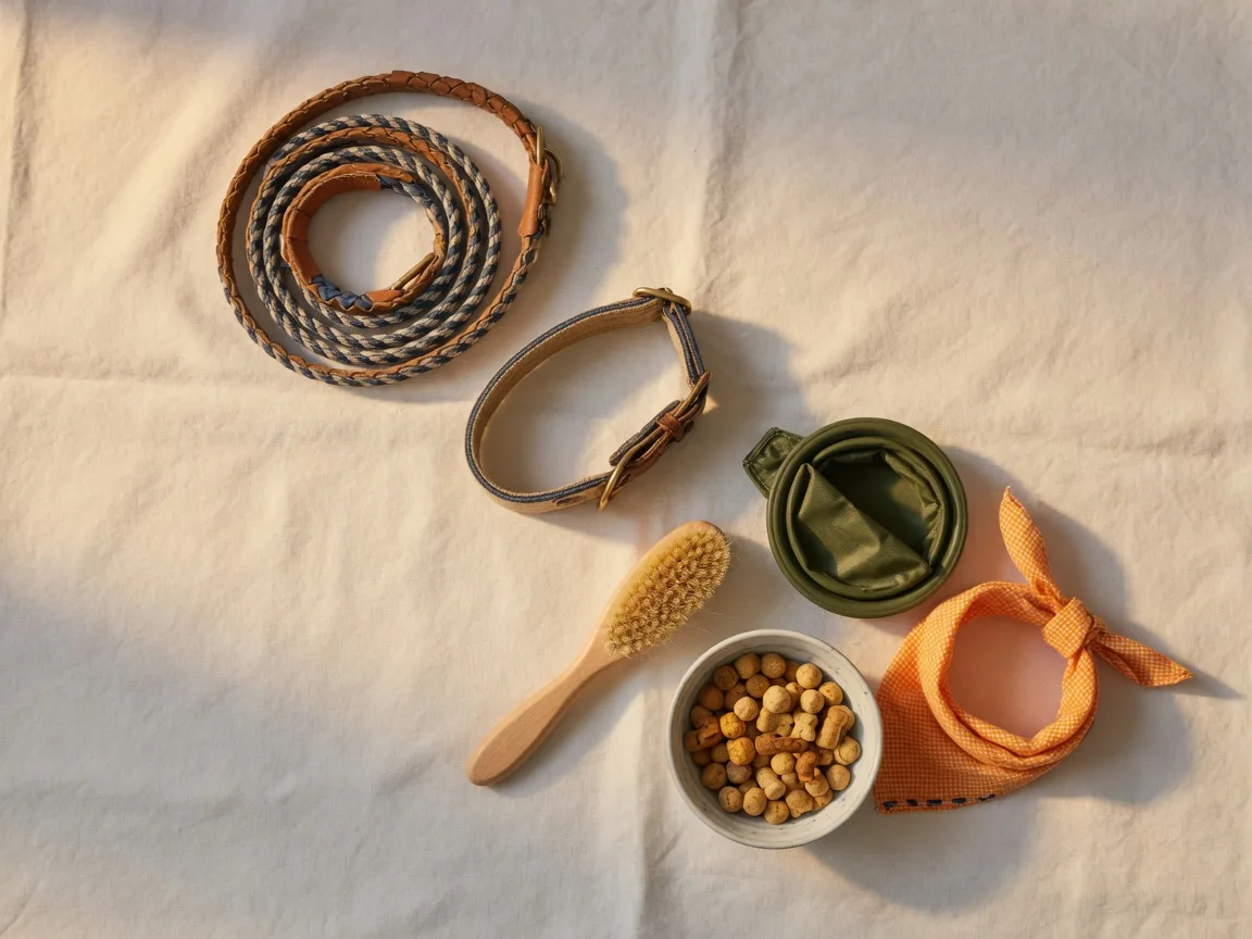 A still-life arrangement of dog supplies: a coiled leash, collar, brush, treat bowl, and orange bandana on cream linen