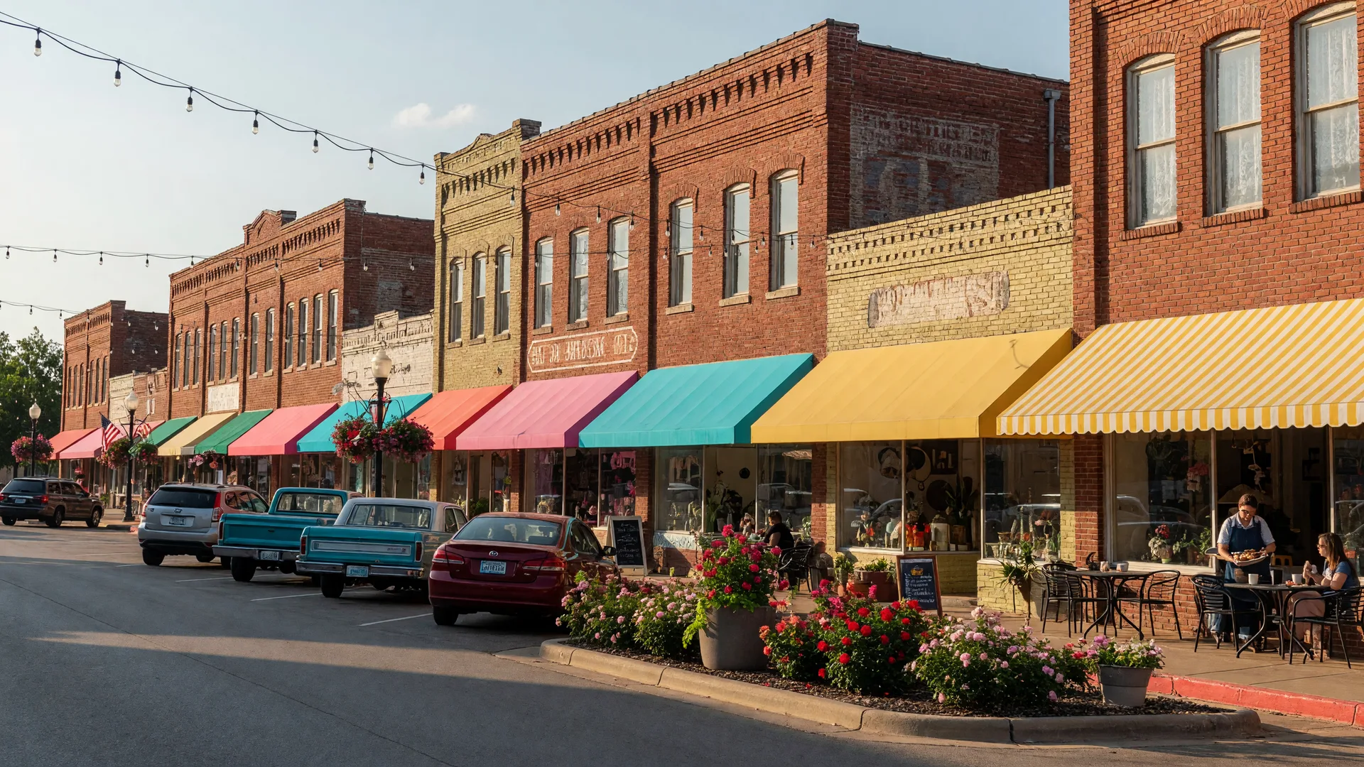 Downtown Broken Arrow's historic Rose District with restored brick storefronts, awnings, boutique shops, and a sidewalk cafe with roses along Main Street on a bright late summer morning