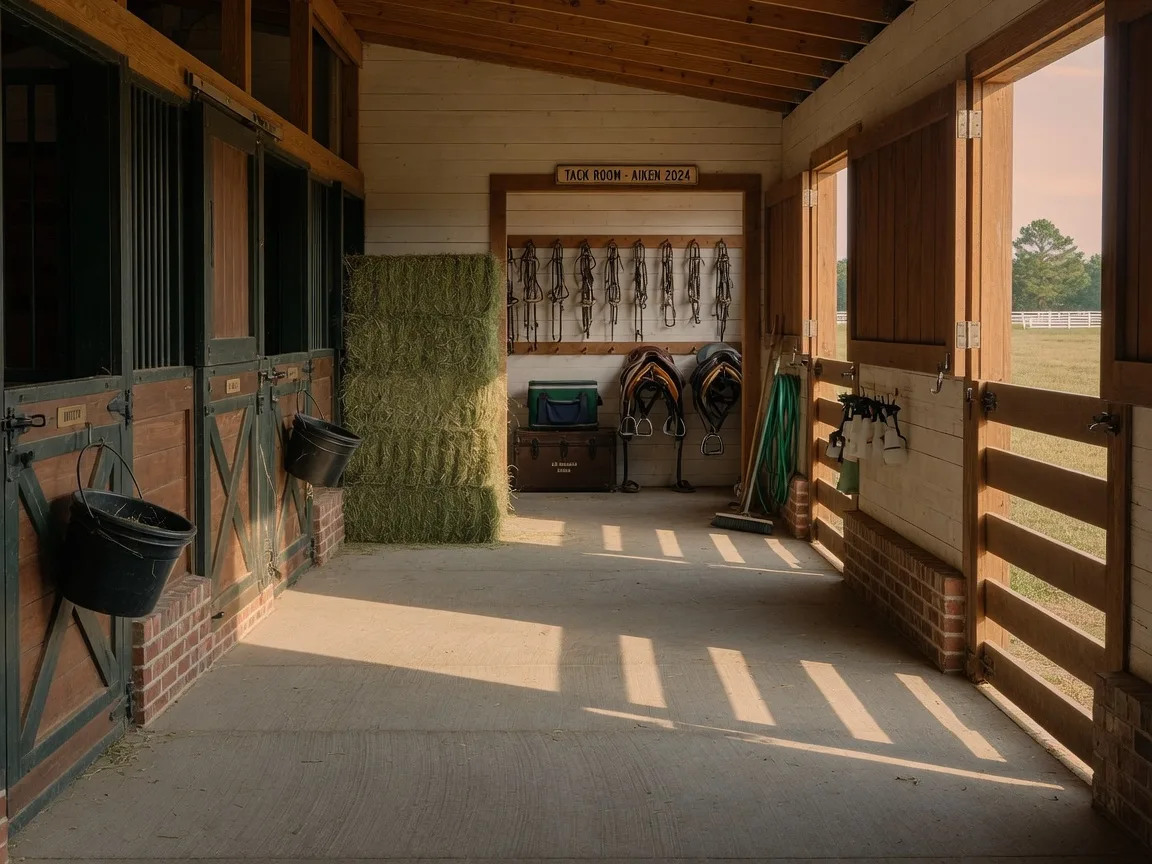 Clean, well-organized horse barn interior in Aiken with neatly stacked hay, organized tack, and open Dutch doors letting in late afternoon light