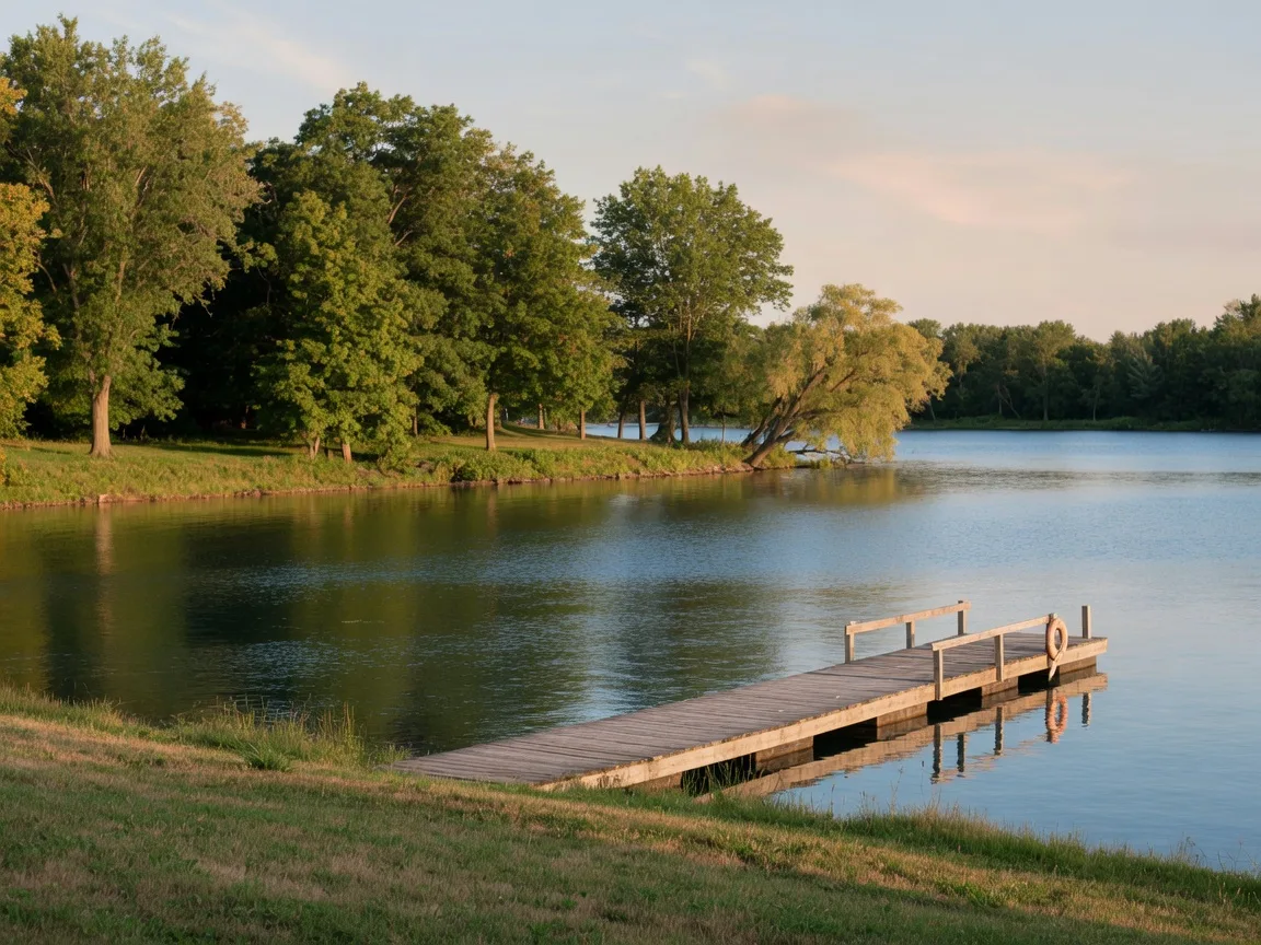Peaceful Michigan lake with a wooden dock and mature shoreline trees in late summer