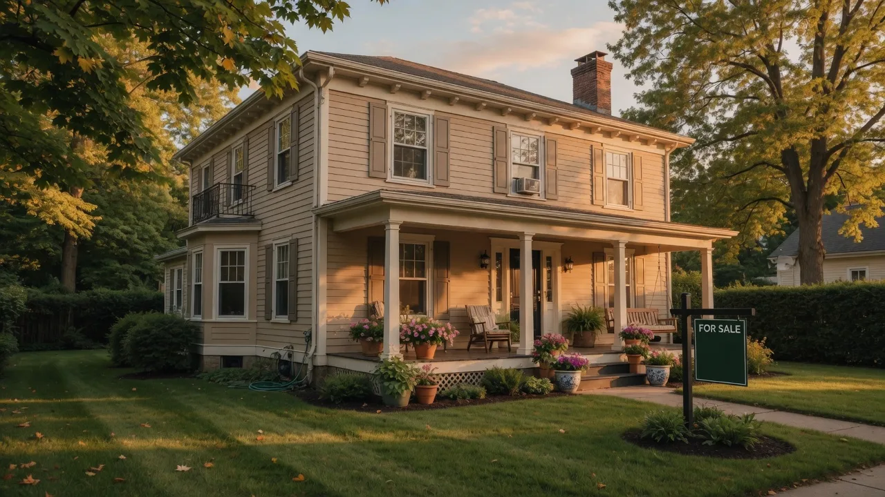 Classic colonial home in Essex County New Jersey with a For Sale sign on a warm late summer afternoon