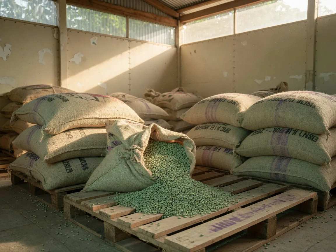 Burlap sacks of pale green unroasted coffee beans in a bright origin warehouse
