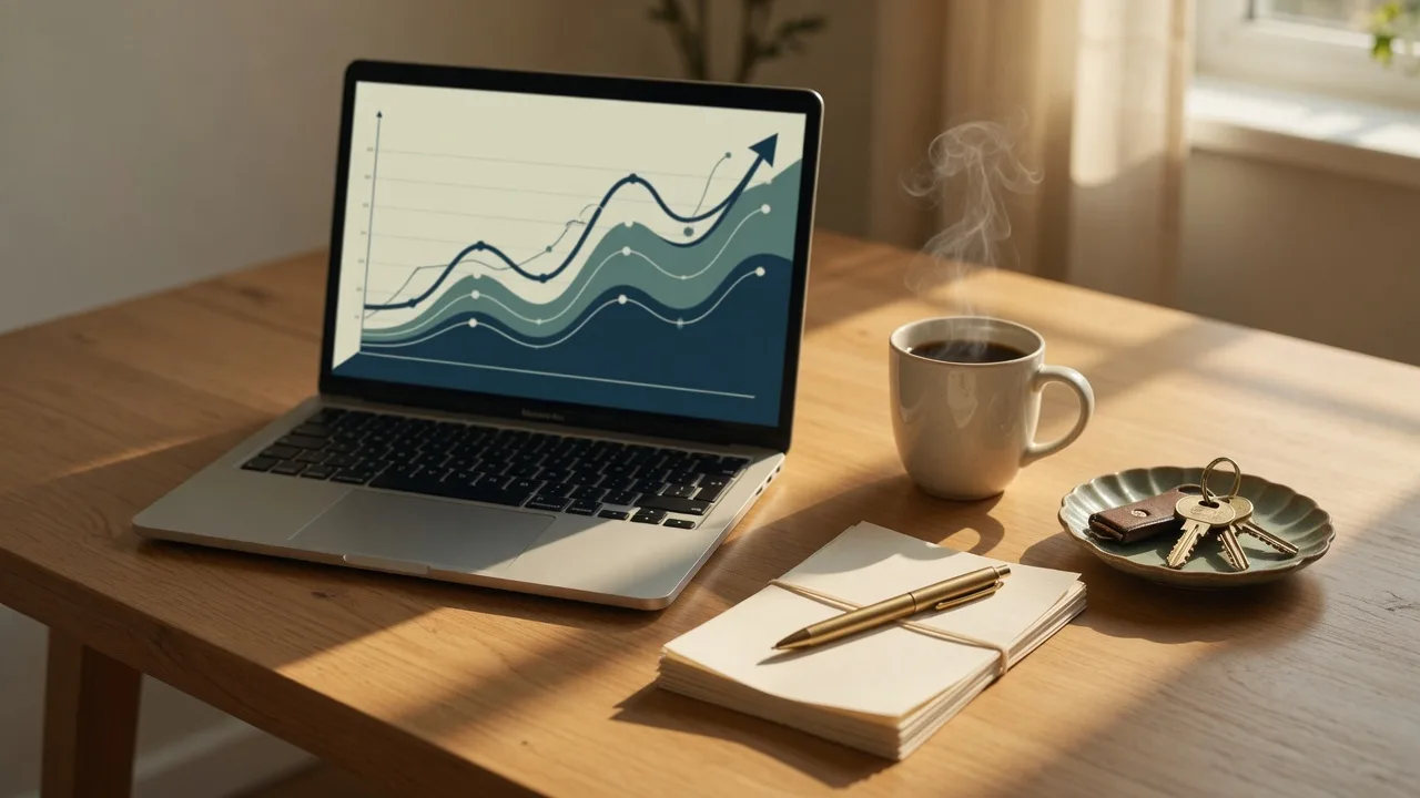 A laptop showing an upward-trending financial chart beside a coffee mug, documents, and brass house keys on a wooden desk, representing rising mortgage rates and the homebuying decision