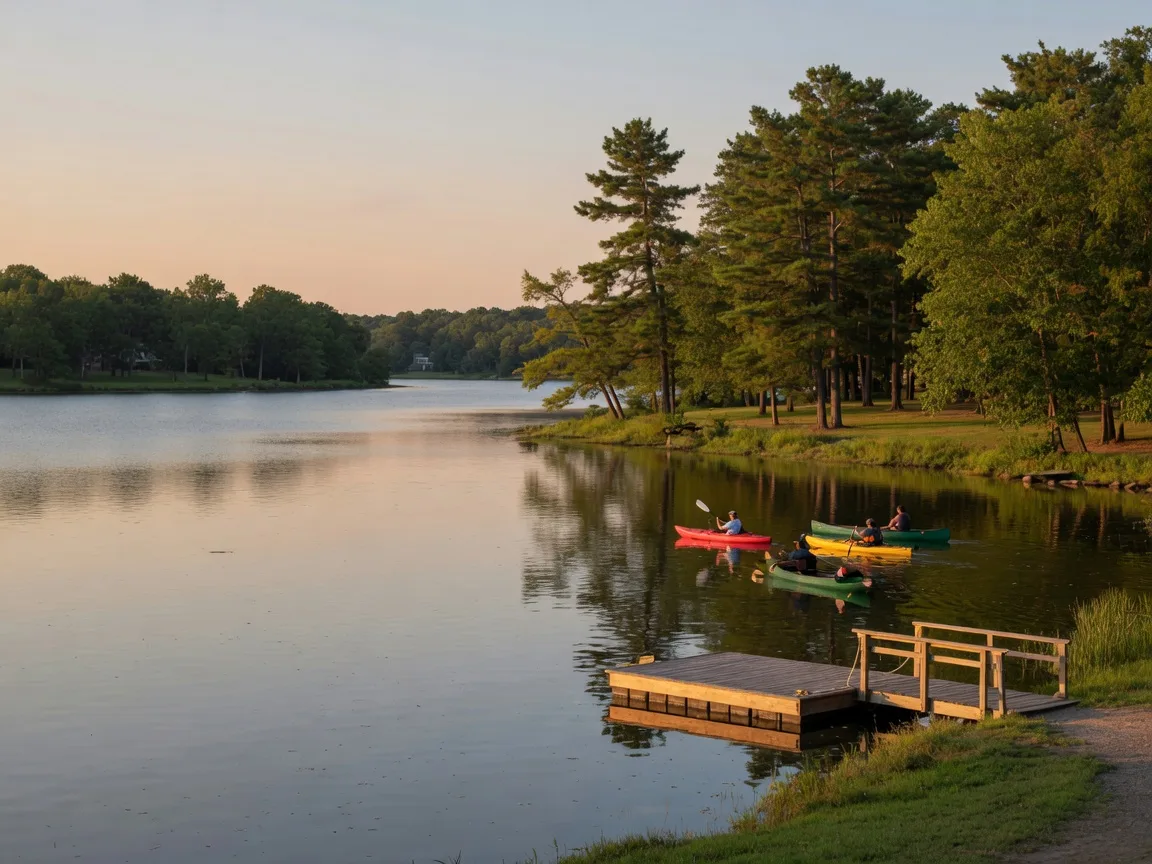 Kayakers and a canoe on Lake Lenape near the wooded shoreline in Mays Landing