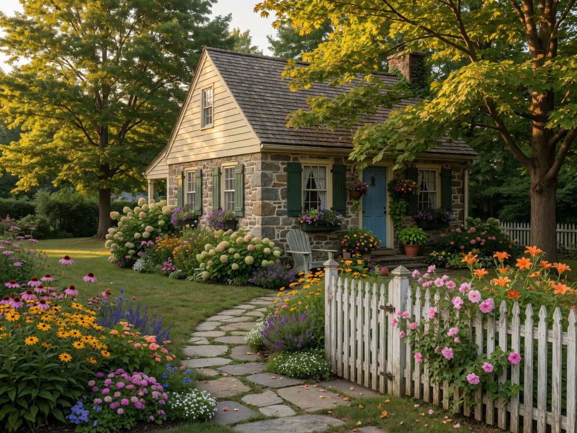 Cozy flower-filled cottage in New Hope with stone wall and picket fence