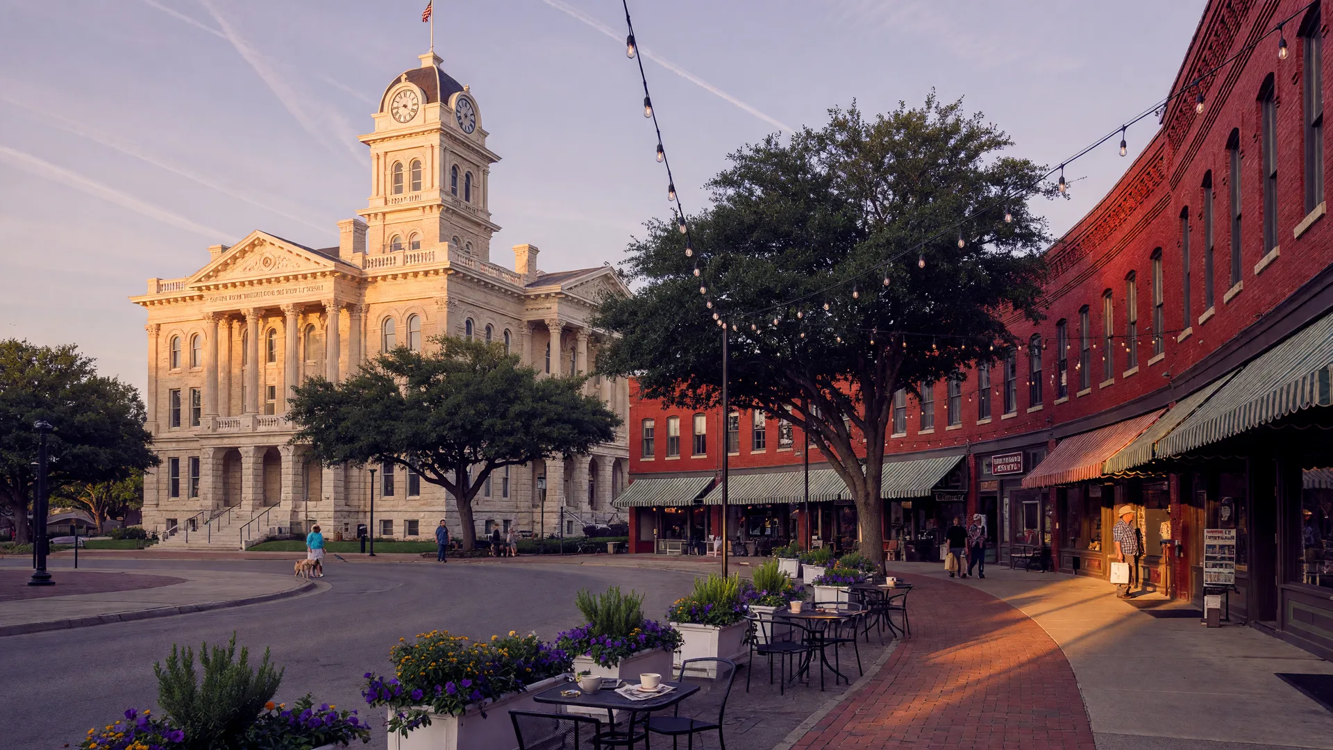 The historic Georgetown courthouse square with Victorian-era storefronts at golden hour