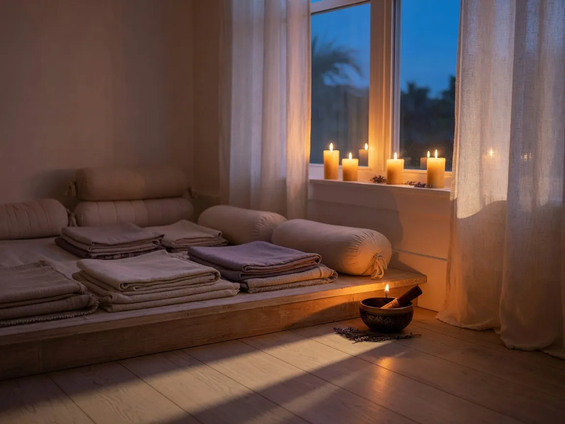 Candlelit restorative yoga room in a Naples studio with folded blankets and bolsters on a low platform, warm candle glow, and deep blue twilight at the window