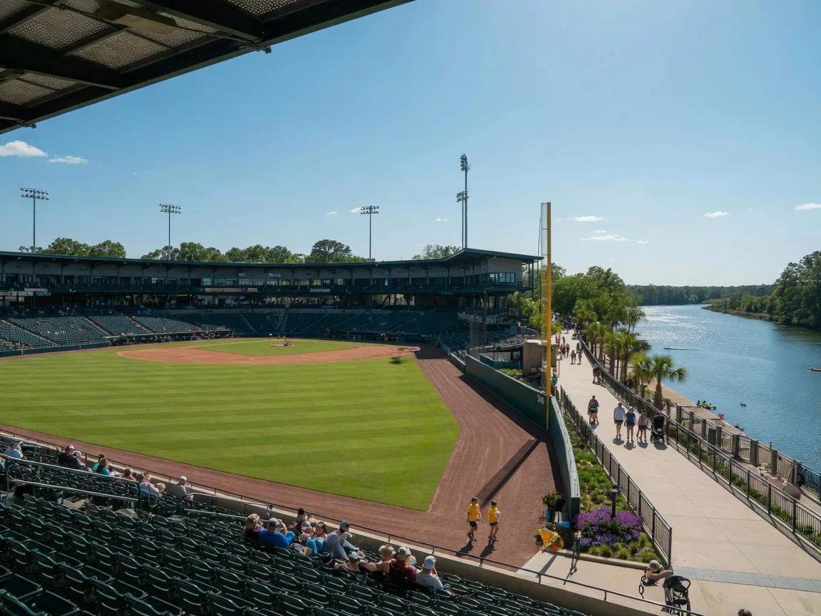SRP Park in North Augusta, SC, a modern minor league baseball stadium with a green field and blue sky, part of the vibrant riverfront area
