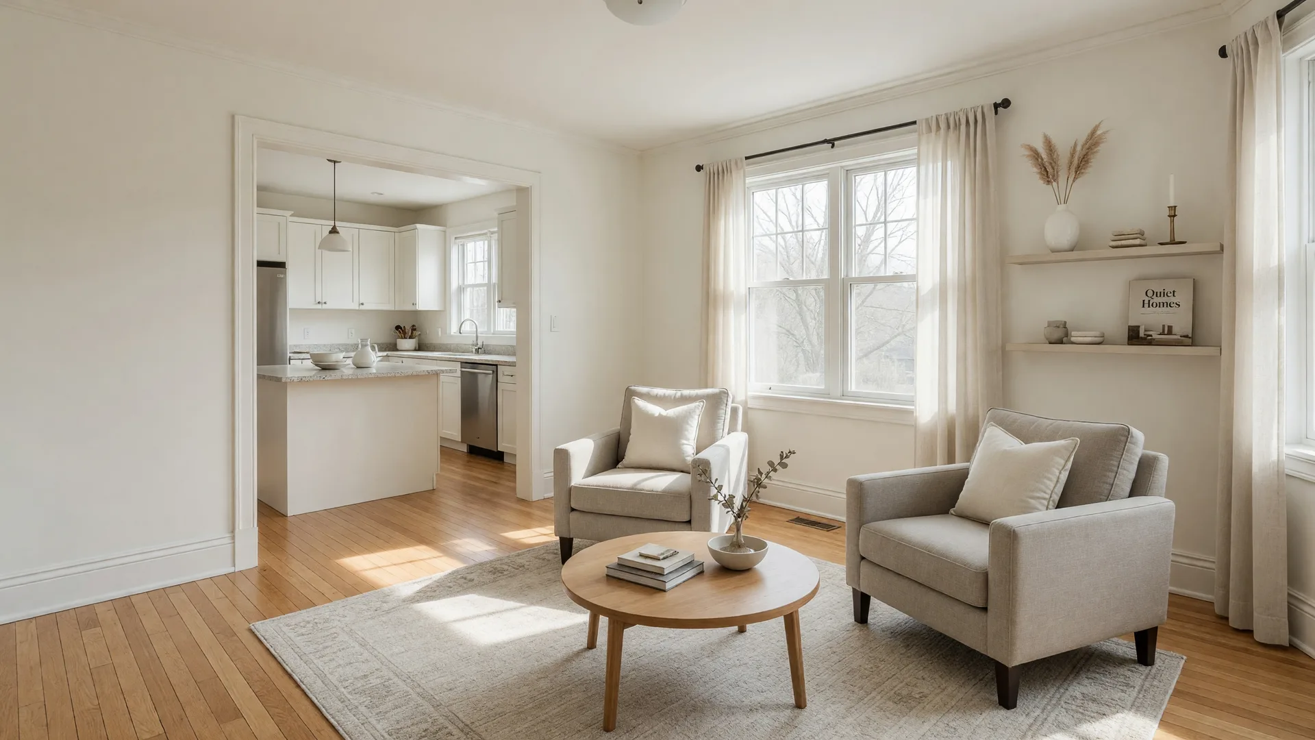 Brightly staged, decluttered and depersonalized living room in a Hamilton Mountain family home, ready for a real estate showing