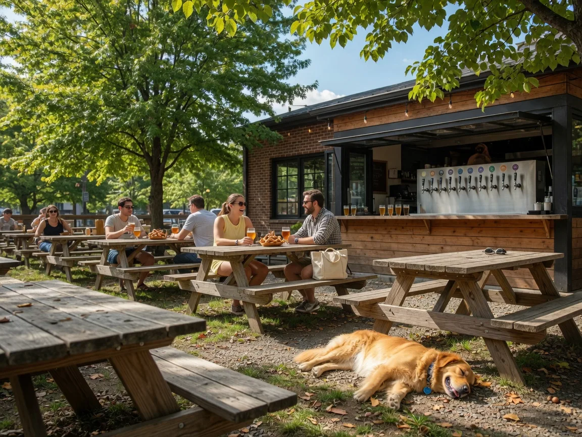 A bright sunny daytime scene at a craft brewery beer garden in Reston, Virginia with wooden picnic tables, outdoor seating under shade trees, steel beer taps visible, and a relaxed community atmosphere
