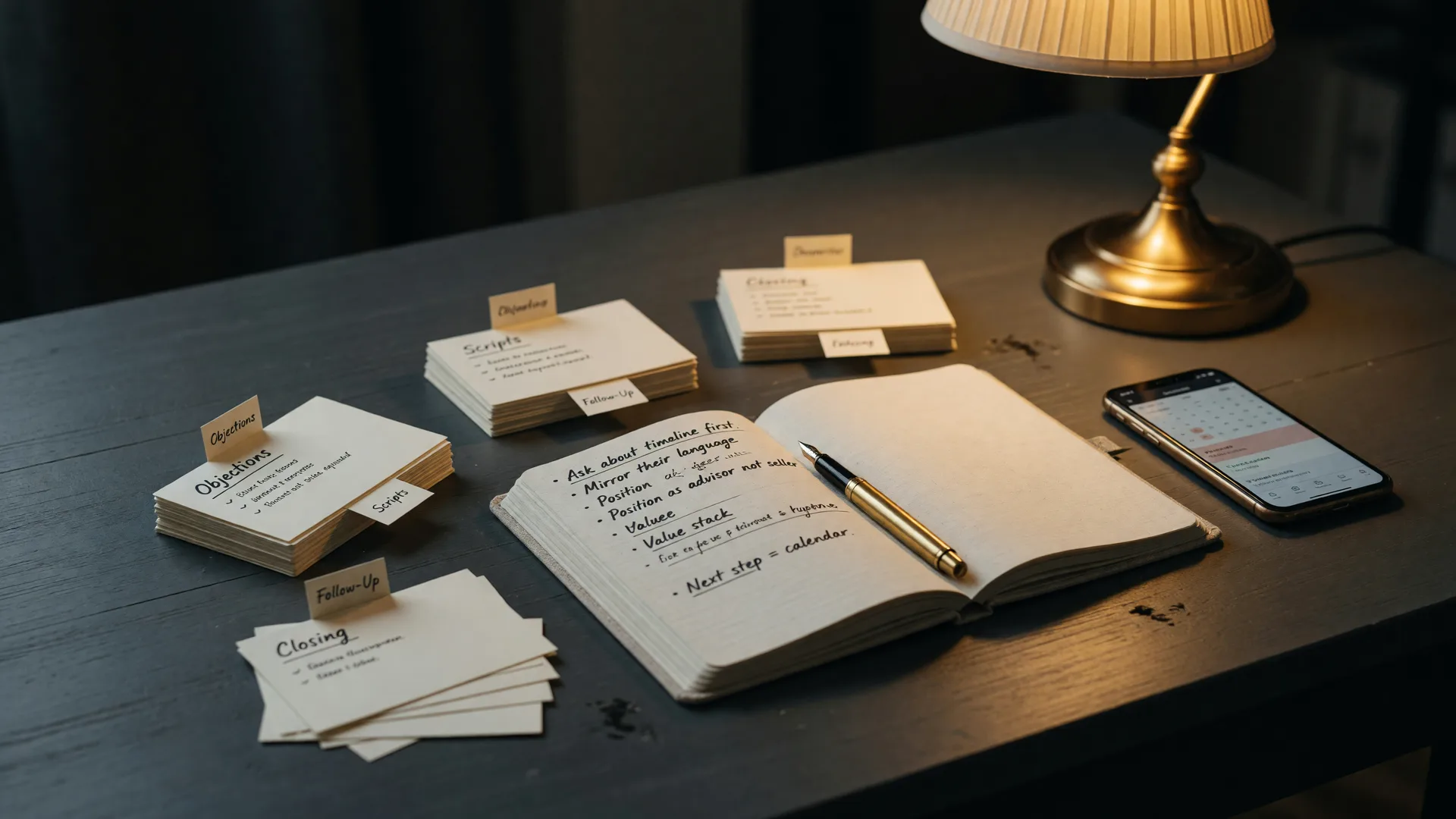 A charcoal desk with labeled index-card stacks, a brass pen over an open notebook, and a warm lamp, the tools behind the answers on this page