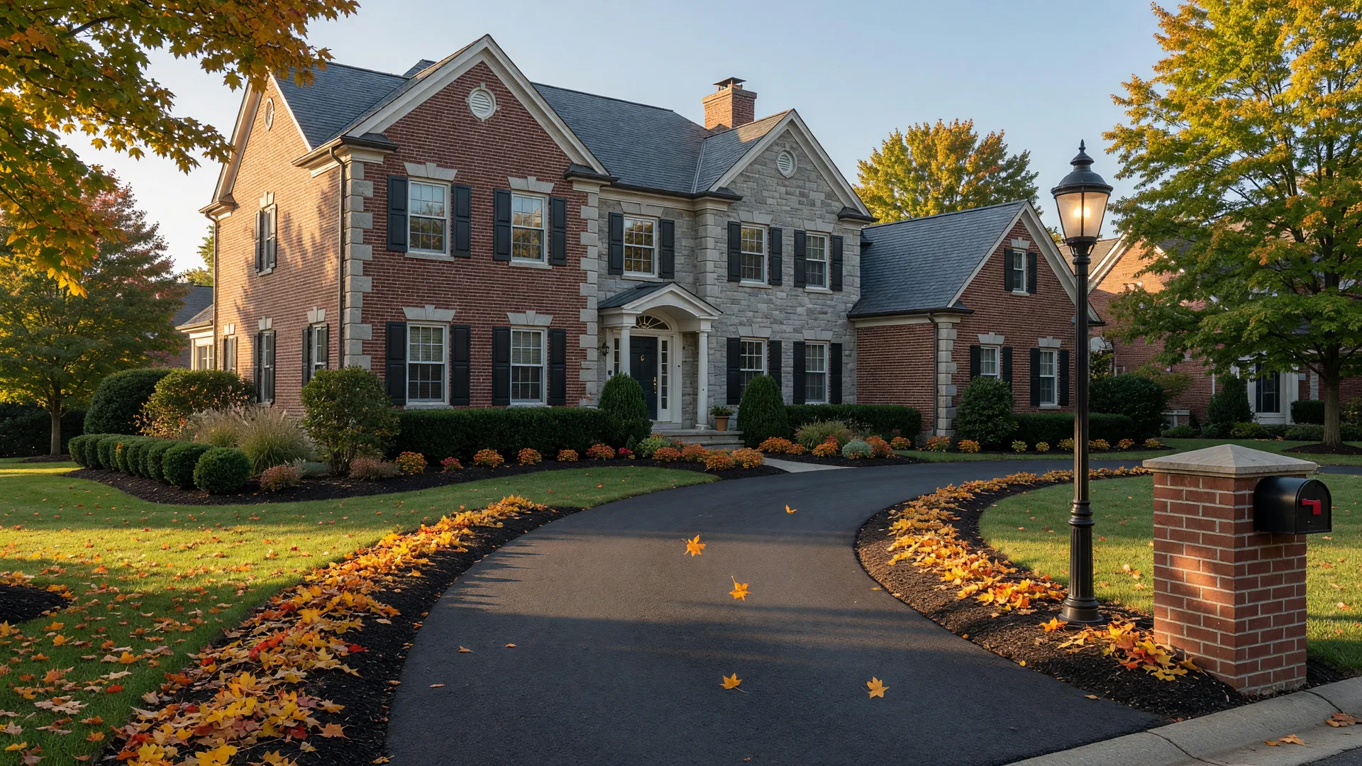 Upscale brick and stone colonial home in Westlake, Ohio on a crisp September morning with raked maple leaf beds and manicured landscaping