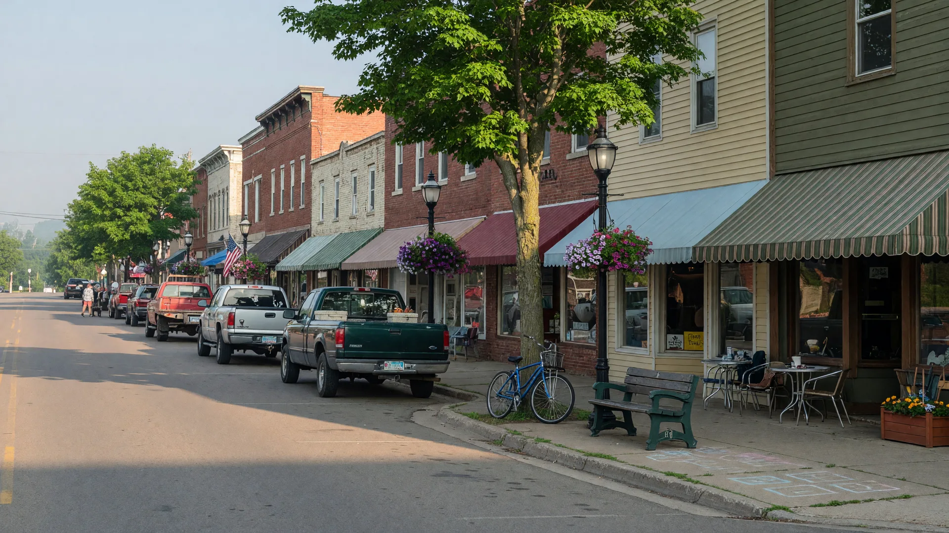 The main street of a small northern Wisconsin town on a summer morning