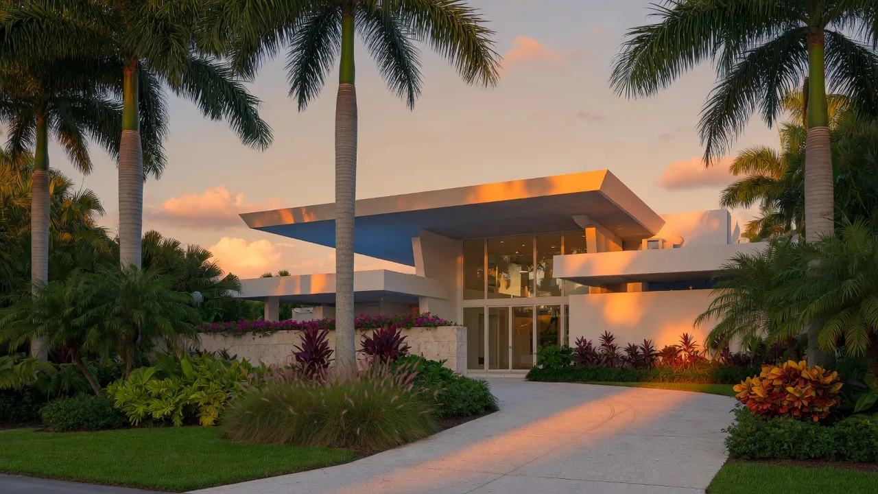 Modern tropical South Florida home seen through royal palms at golden hour